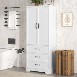 Tall Bathroom Storage Cabinet With 2 Doors And Drawers, Adjustable Shelf - White