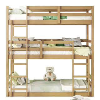 Twin Over Twin Over Twin Triple Bunk Bed With 2 Built In Ladders, Guardrails - Natural
