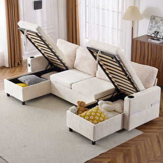 Sectional Sofa Bed With Pull Out Sleeper, USB Ports, Cup Holders