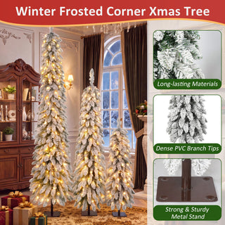 Slim Snow Flocked Pre Lit Pencil Christmas Tree, 3.9Ft / 5.9Ft / 7.9Ft With 750 Branch Tips, 480 LED Lights, Warm Glow, For Indoor Holiday Decor - White