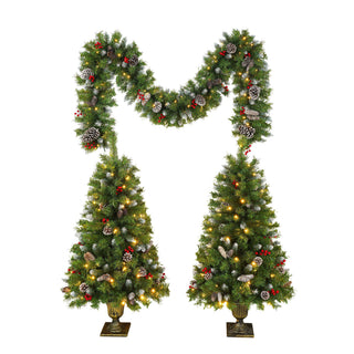 Pre Lit Artificial Christmas Tree Set With LED Lights, 3 Piece Garland And Entrance Trees, Warm Lighting, Indoor Use Only - Green