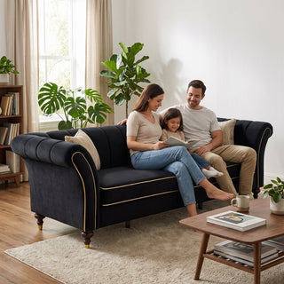 3 Seater Sofa With Rolled Arms, Vertical Channel Tufted Backrest