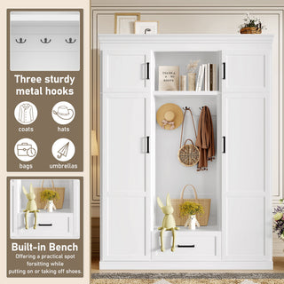 Hall Tree With Bench And 3 Hooks, Modern Entryway Storage Organizer Cabinet With 4 Doors, 1 Drawer And Adjustable Shelves