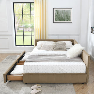 Mid-Century Storage Upholstered Tufted Bed Frame With Backrest And Armrests