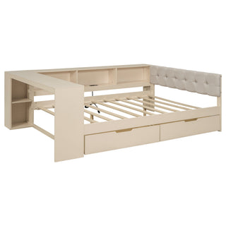 Upholstered Headboard Platform Bed With Storage Shelves, Drawers, Charging Station