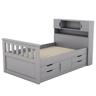 Captain Platform Bed Frame With Storage Bookcases, Shelves, And 4 Drawers