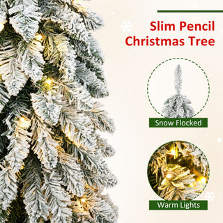 Slim Snow Flocked Pre Lit Pencil Christmas Tree, 3.9Ft / 5.9Ft / 7.9Ft With 750 Branch Tips, 480 LED Lights, Warm Glow, For Indoor Holiday Decor - White