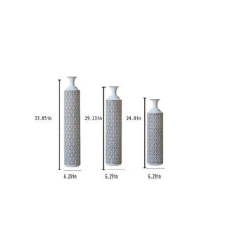 Modern Floor Vase Set Metal Vases With Geometric Pattern, 3 Piece Home Decor Set - White / Black