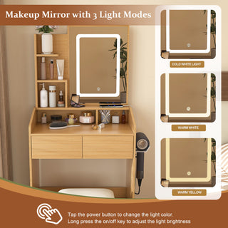 Vanity Table With LED Mirror, Power Outlet, Hairdryer Holder & Padded Stool, Compact Dressing Desk For Small Bedrooms - Wood