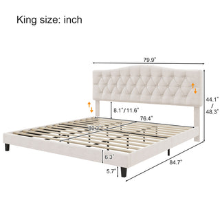 King Upholstered Platform Bed With Curved Adjustable Headboard And Diamond Tufted Details, No Box Spring Needed - Beige