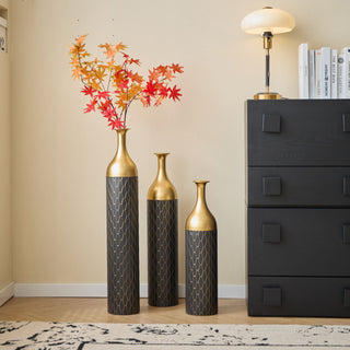 Elegant Floor Vase Set Metal Decorative Vases 3 Piece Set For Floral Display, Wedding & Gift Decor - Gold / Black