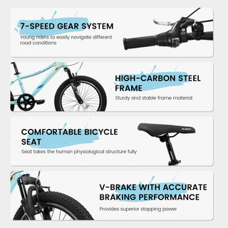 S20101 20" Kids' Bike, Boys Girls Mountain Bike Ages 8-12, 7 Speed Teenager Children Kids' Bicycles, Front Suspension Disc Brake Rear V-Brake, High Steel Frame