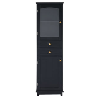 Tall Bathroom Storage Cabinet With Glass Doors, Free-Standing, Two Drawers, And Adjustable Shelves, Board, Painted Perfect For Displaying Your Favorite Items