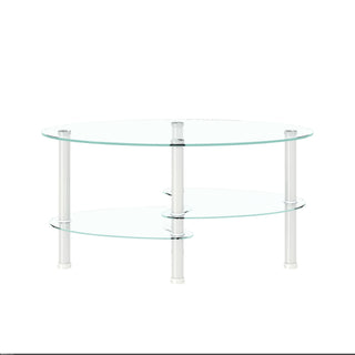 Transparent Oval Glass Coffee Table, Modern Table In Living Room Oak Wood Leg Tea Table 3-Layer Glass Table