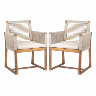 Acacia Wood Outdoor Dining Chairs (Set of 2) With Rope Design Back And Arms, Washable Cushion - Light Brown