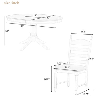 Trexm 5-Piece Retro Functional Dining Table Set Wood Round Extendable Dining Table And 4 Upholstered Dining Chairs (Off White)
