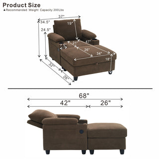Accent Chair With Storage Ottoman, Reclining Single Chaise Lounge With Cupholders And USB, C Ports