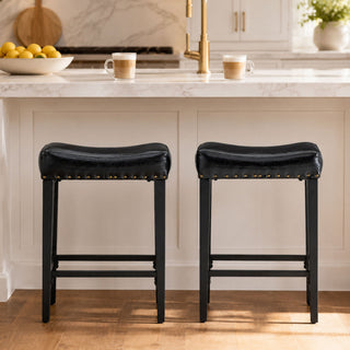 Bar Stool With Brass Nailhead Trim (Set of 2) - Black