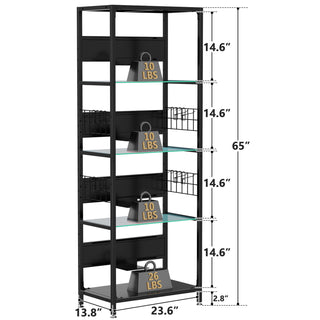 4 Tier Display Shelf With RGB Lights, LED Lighted Curio Cabinet With Adjustable Storage Box & Hooks - Black