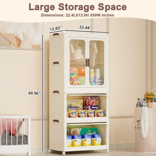 Portable Wardrobe Closet Storage Organizer With Magnetic Doors And Hanging Rod - Cream White