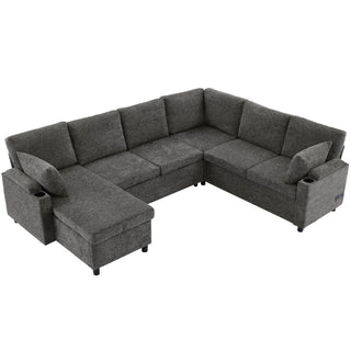U-Shaped Sectional Sleeper Sofa With Ample Storage Space, 2 Cup Holders And Charging Ports For Living Room