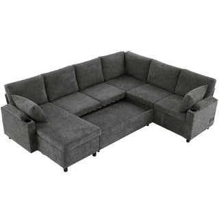 U-Shaped Sectional Sleeper Sofa With Ample Storage Space, 2 Cup Holders And Charging Ports For Living Room