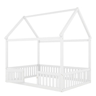Wood House Bed With Fence And Door