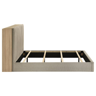 Merritt - Queen Bookcase Storage Bed With Tufted Headboard - Light Oak / Light Tan