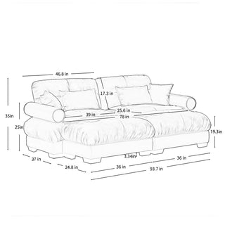 Modern Sectional Sofa With Ottoman, Round Bolster Armrests, Waist And Throw Pillows