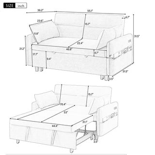 Pull Out Sleep Sofa Bed Loveseats Sofa Couch With Adjsutable Backrest, Storage Pockets, 2 Soft Pillows, USB Ports For Living Room, Bedroom, Apartment, Office