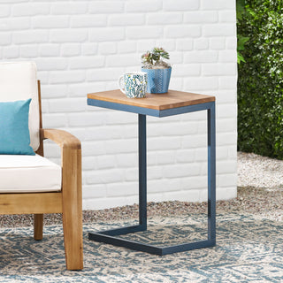 C Shaped End Table With Iron Base And Fir Wood To