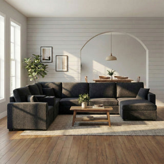Modular 5 Seat U-Shape Sectional Sofa With Chaise Lounge, Built In Cup Holders And Storage Drawer