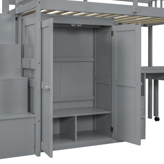 Loft Bed With Stairs, Bookshelf, Drawers, Desk & Wardrobe, Space Saving Multifunctional Furniture
