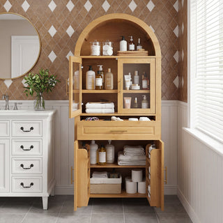 Arched Kitchen Pantry Cabinet With Adjustable Shelves And Barn Door Design