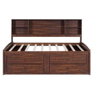 Full Size Captain Bed With Built In Storage Shelves, 4 Drawers And 2 Cabinets - Antique Brown