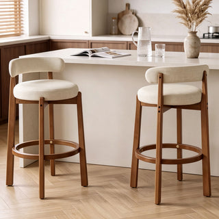Bar Stool With Curved Backrest, Rounded Edges, And Footrest (Set of 2) - Beige / Walnut