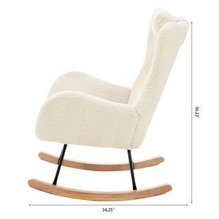 Rocking Chair Nursery, Teddy Upholstered Rocker Glider Chair With High Backrest, Adjustable Headrest & Pocket, Comfy Glider Chair For Nursery, Bedroom, Living Room, Offices, Rubber Wood