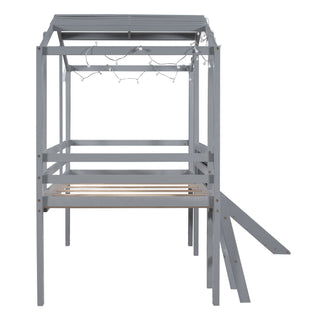Loft House Bed With Ladder And Slide, With board And Light Strip On The Roof
