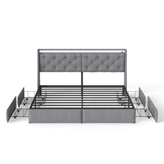 Platform Bed Frame With RGB LED Lights, Charging Station, Storage Headboard & 4 Underbed Drawers