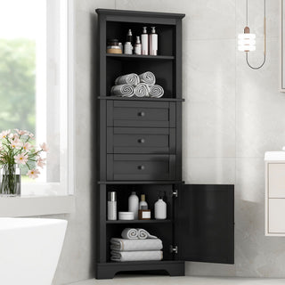 Tall Storage Cabinet With 3 Drawers And Adjustable Shelves For Bathroom