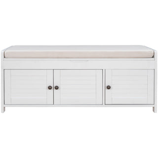 Storage Bench With 3 Shutter-Shaped Doors, Shoe Bench With Removable Cushion And Hidden Storage Space