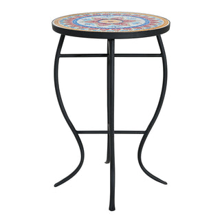 Outdoor Round Side Table With Mosaic Style Top And Curved Iron Legs