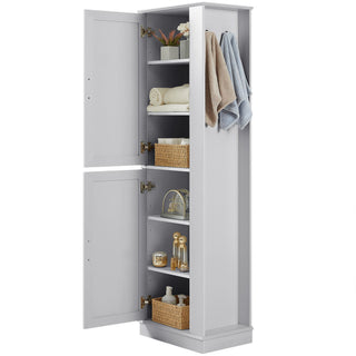 Tall Freestanding Bathroom Storage Cabinet With Adjustable Shelves And Side Hooks
