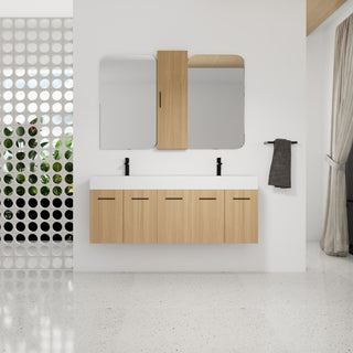 Floating Double Sink Bathroom Vanity Set With Tall Linen Cabinet, Extra Large Storage, Integrated Sink, Soft Close Doors - Glossy White / Light Oak