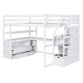 Loft Bed With Desk, Shelves, 2 Drawers, Storage Staircase