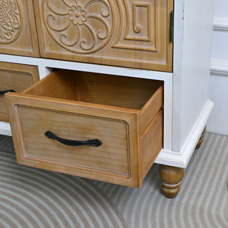 Accent Flower Carved Door Sideboard Cabinet With 2 Drawers For Kitchen - Natural Wood Wash / White