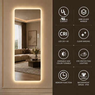 LED Full Length Mirror With Frosted Edge Lighting, 3 Color Temperatures