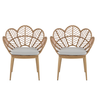 Kirk - Outdoor Wicker Peacock Shape Papasan Style Chair, Teak Finished Leg (Set of 2) - Beige / Light Brown / Light Teak