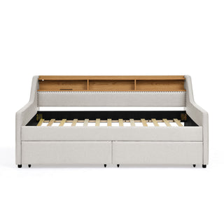 Twin Upholstered Sofa Bed With LED Lights, Storage Drawers, Adjustable Headboard & Wireless Charging - Beige