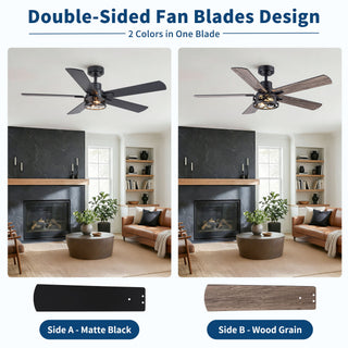 Ceiling Fan With Light, Dual‑Sided Matte Black & Wood Grain Blades - Black
